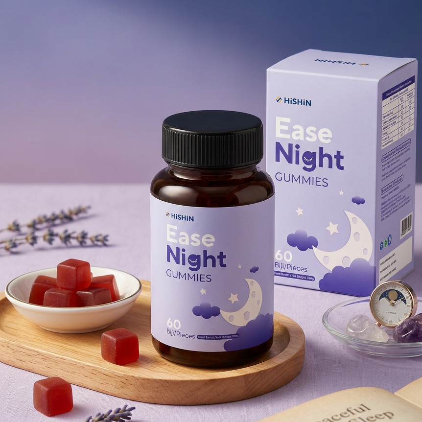 EaseNight Gummies with lavender and a bedside book