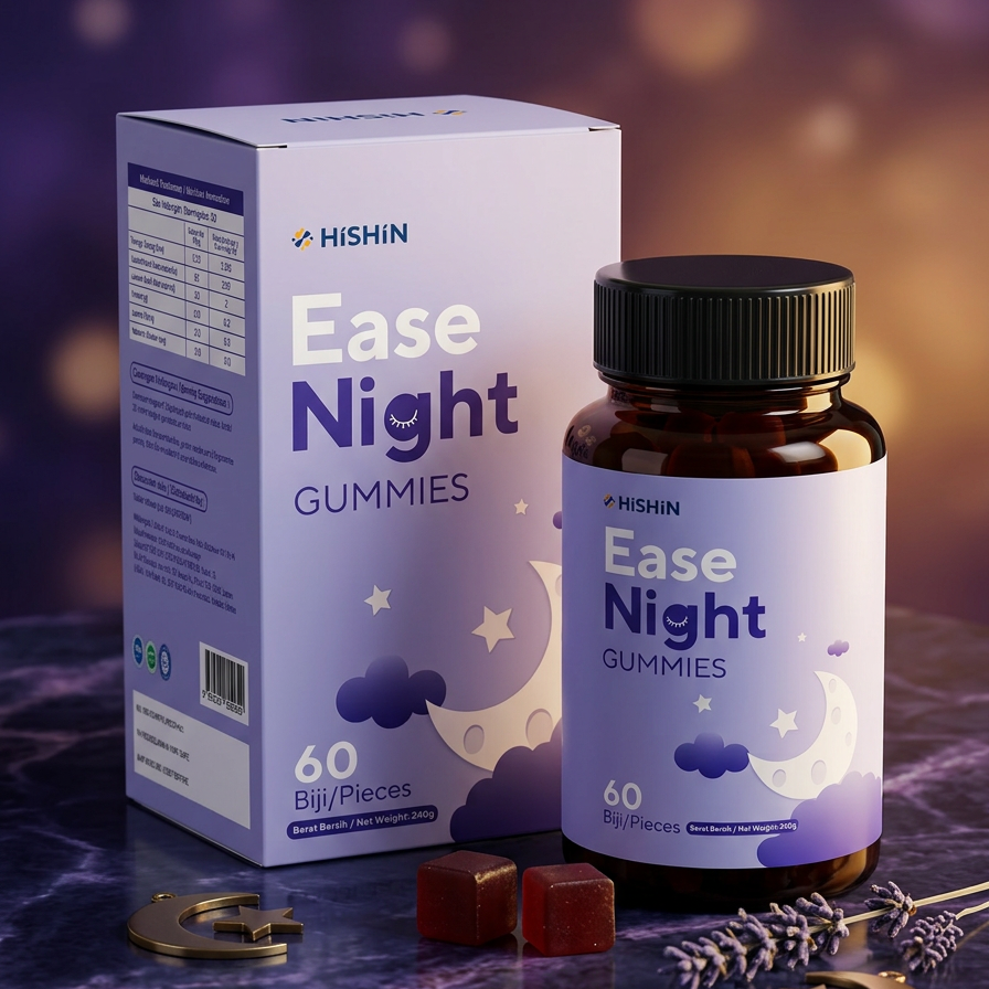 EaseNight Gummies bottle and box on dark marble