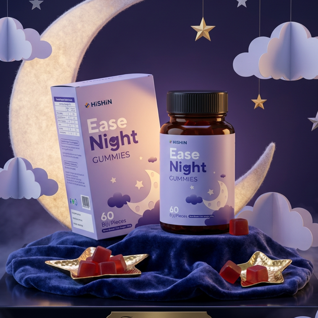 EaseNight Gummies on velvet pedestal under a moon